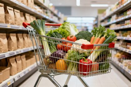 Caddie rempli de produits alimentaires dans une allée de supermarché
