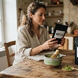 Femme lisant un sachet de matcha à une table en bois, près d'un bol de thé vert, d'un fouet en bambou et d'un second sachet