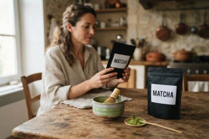Femme lisant un sachet de matcha à une table en bois, près d'un bol de thé vert, d'un fouet en bambou et d'un second sachet