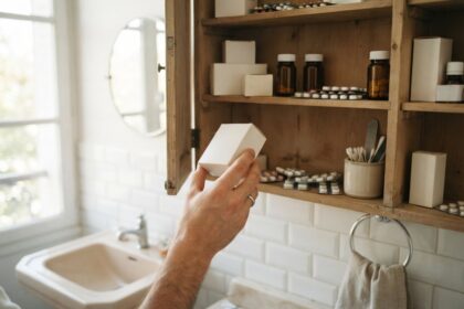 Une main tient une boîte de médicaments devant une armoire de salle de bains remplie de flacons et de plaquettes.