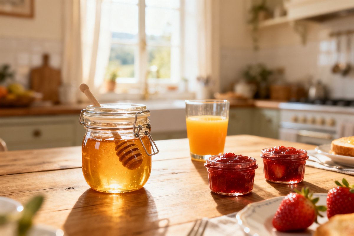 Pot de miel, confitures et verre de jus d'orange sur une table de petit-déjeuner