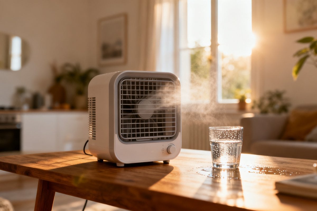 Mini-climatiseur portable posé sur une table dans un appartement en pleine chaleur estivale