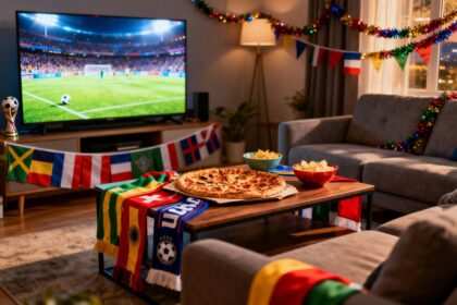 Salon décoré de drapeaux et d'écharpes avec buffet de snacks devant un téléviseur diffusant du football