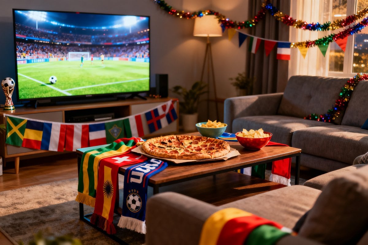 Salon décoré de drapeaux et d'écharpes avec buffet de snacks devant un téléviseur diffusant du football