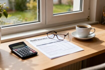 Bureau domestique avec relevé de complémentaire santé, lunettes et calculatrice près d'une fenêtre.
