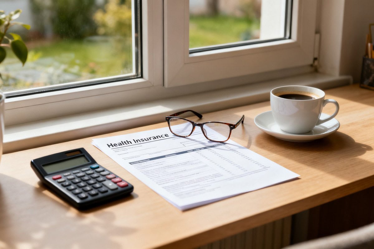 Bureau domestique avec relevé de complémentaire santé, lunettes et calculatrice près d'une fenêtre.