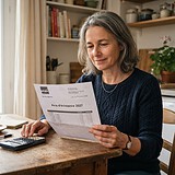 Femme assise à une table de cuisine lisant un avis d'échéance 2027 de sa mutuelle, une calculatrice devant elle