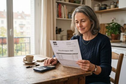 Femme assise à une table de cuisine lisant un avis d'échéance 2027 de sa mutuelle, une calculatrice devant elle