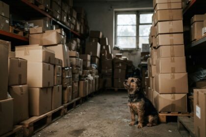 Un petit chien assis dans un entrepôt sombre encombré de cartons de livraison empilés