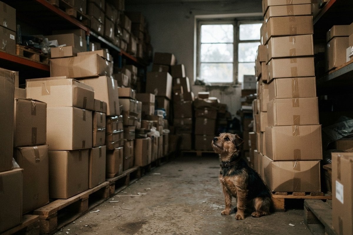 Un petit chien assis dans un entrepôt sombre encombré de cartons de livraison empilés