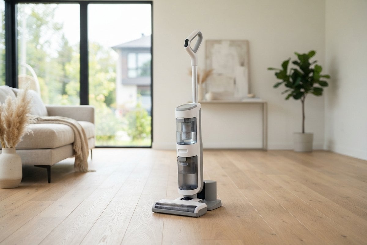 Nettoyeur de sol sans fil blanc et gris posé sur son socle dans un salon lumineux au parquet clair