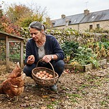 Une femme accroupie près d'un poulailler en bois tient un œuf et un panier d'œufs bruns, des poules picorent au sol