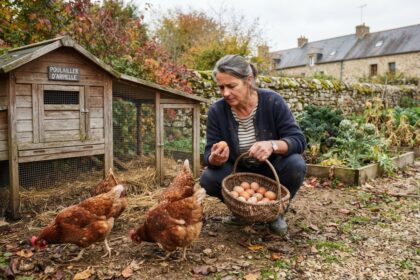 Une femme accroupie près d'un poulailler en bois tient un œuf et un panier d'œufs bruns, des poules picorent au sol