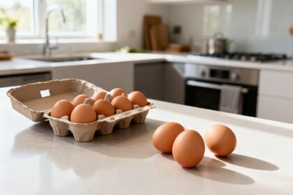 Boîte en carton ouverte remplie d'œufs bruns et trois œufs posés sur un plan de travail clair dans une cuisine lumineuse