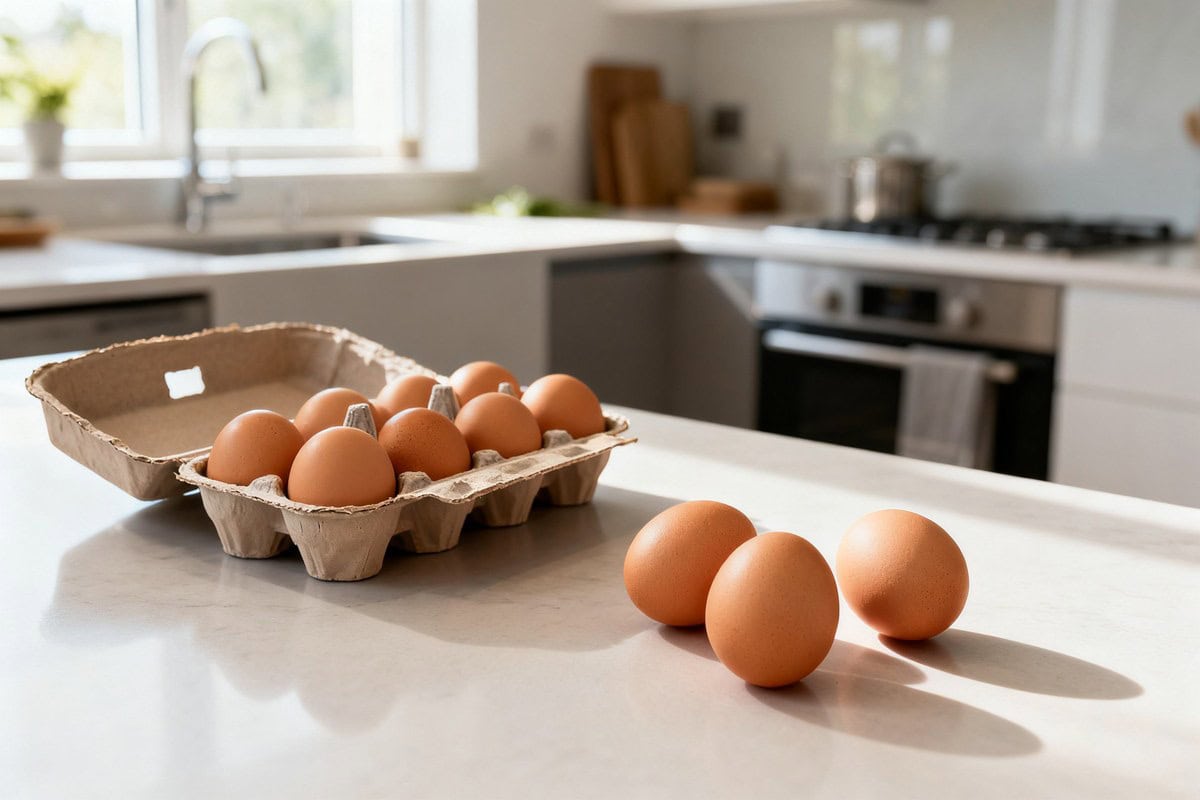 Boîte en carton ouverte remplie d'œufs bruns et trois œufs posés sur un plan de travail clair dans une cuisine lumineuse