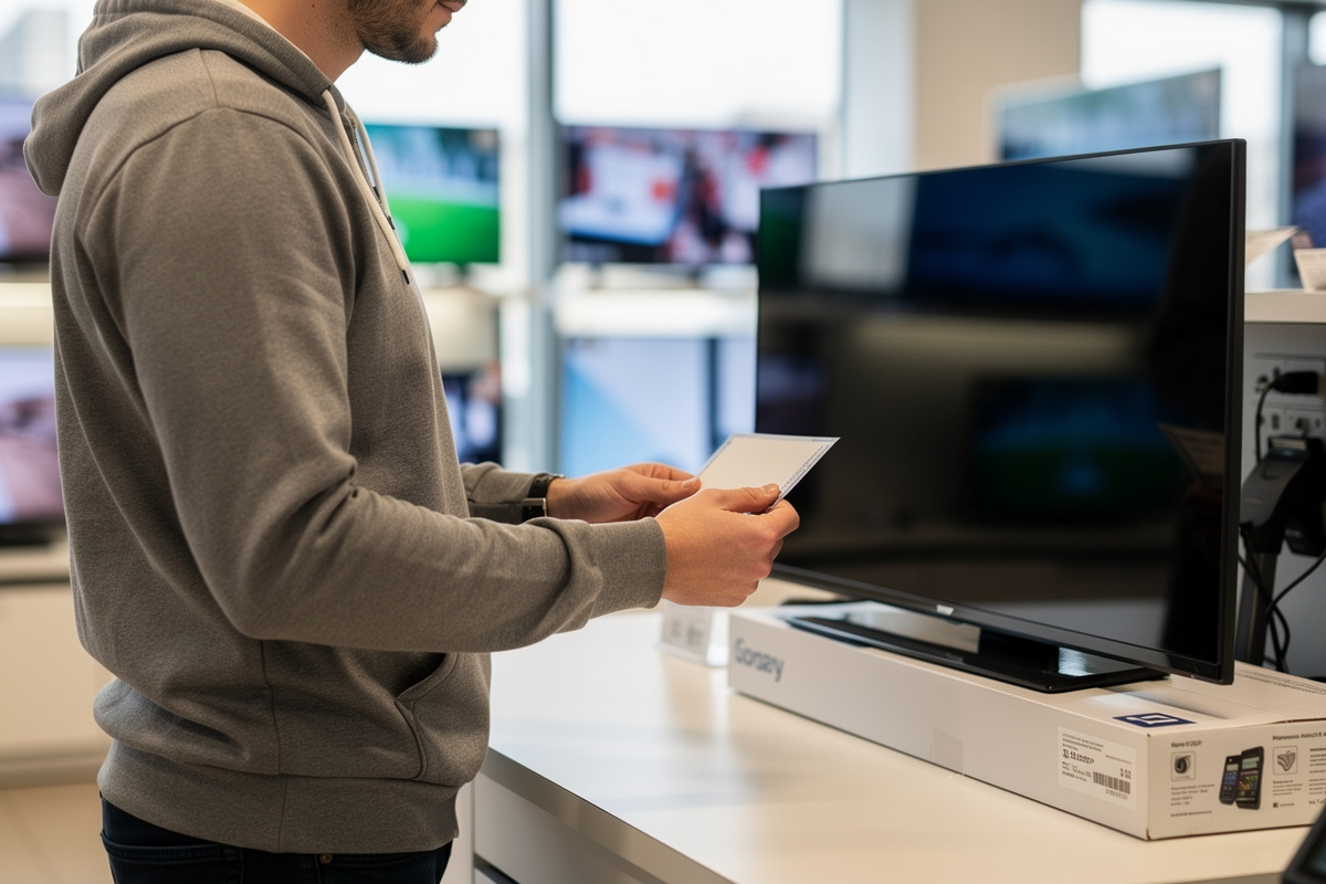 Client en magasin d'électronique tenant un bon promotionnel devant un téléviseur emballé