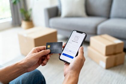 Mains tenant une carte bancaire au-dessus d'un smartphone affichant un paiement en ligne, colis flous en arrière-plan.