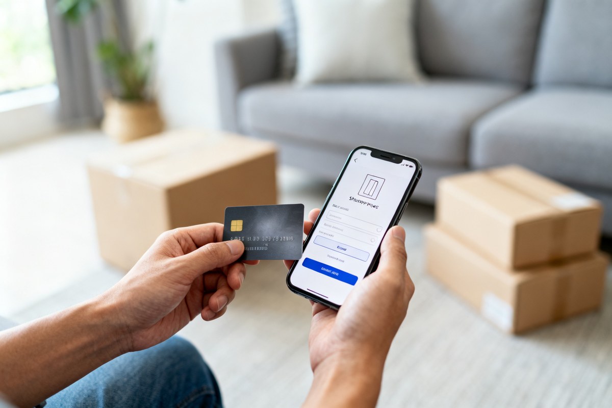 Mains tenant une carte bancaire au-dessus d'un smartphone affichant un paiement en ligne, colis flous en arrière-plan.