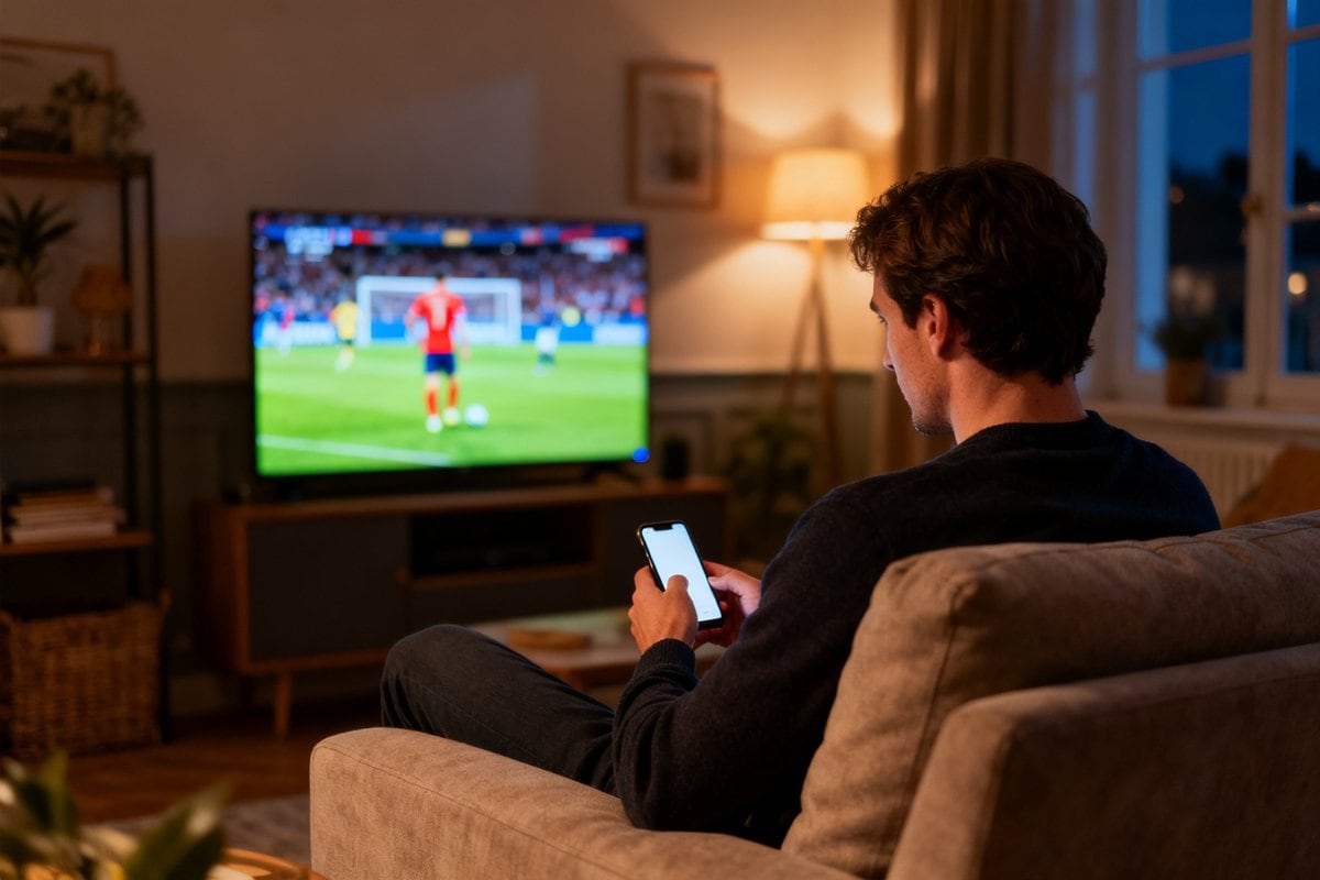 Un spectateur suit un match de football à la télévision, smartphone en main, dans son salon