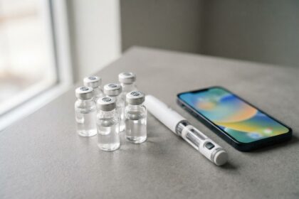 Fioles d'injection transparentes et stylo injecteur posés près d'un smartphone sur un plan de travail gris