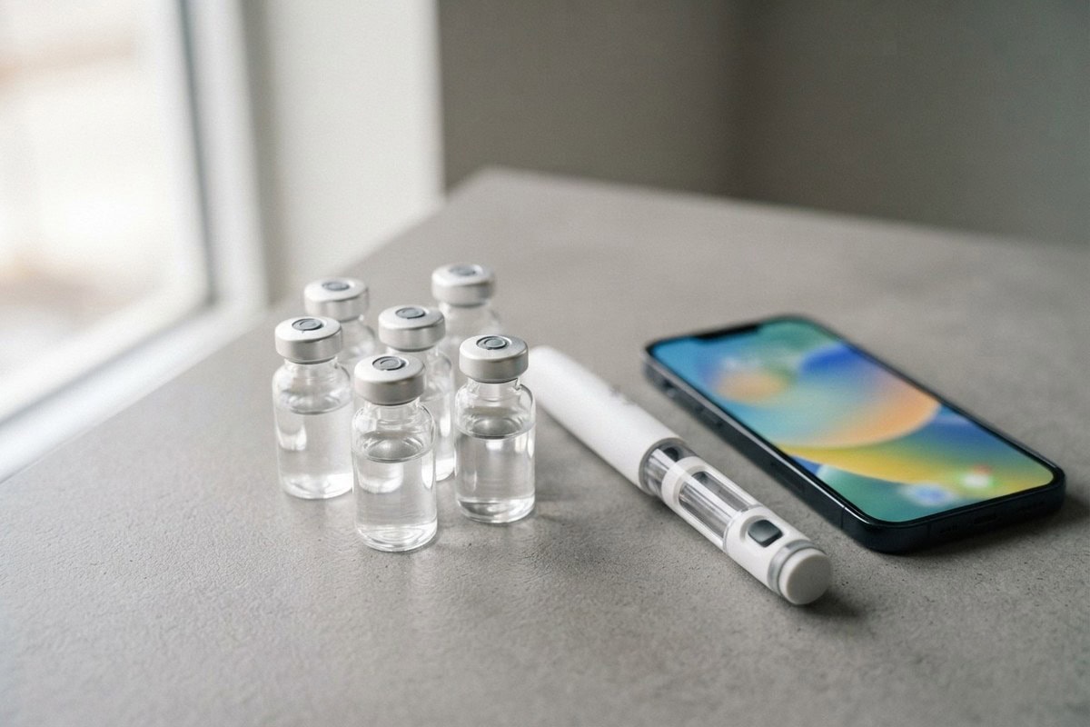 Fioles d'injection transparentes et stylo injecteur posés près d'un smartphone sur un plan de travail gris