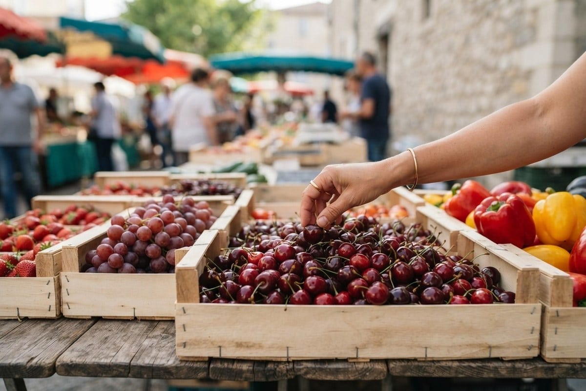 Main tendue vers une cagette de cerises sur un étal de marché, entourée de raisins, fraises et poivrons