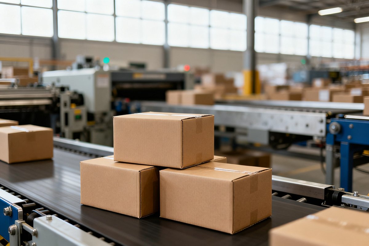 Colis en carton empilés sur un tapis roulant dans un centre de tri logistique.