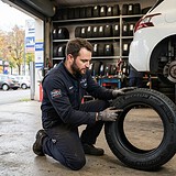 Mécanicien agenouillé dans un garage vérifiant un pneu hiver Michelin, voiture blanche sur un pont élévateur