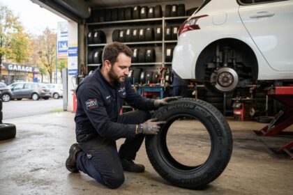Mécanicien agenouillé dans un garage vérifiant un pneu hiver Michelin, voiture blanche sur un pont élévateur