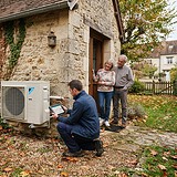 Technicien accroupi devant une pompe à chaleur sur le mur d'une maison en pierre, un couple âgé l'observe depuis la porte