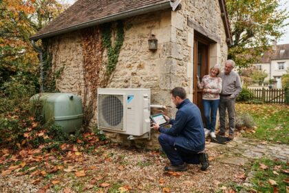 Technicien accroupi devant une pompe à chaleur sur le mur d'une maison en pierre, un couple âgé l'observe depuis la porte