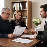 Un couple examine un devis face à un conseiller funéraire, une notice posée sur le bureau près d'un bouquet de lys