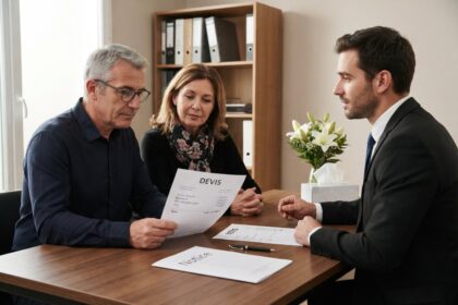 Un couple examine un devis face à un conseiller funéraire, une notice posée sur le bureau près d'un bouquet de lys