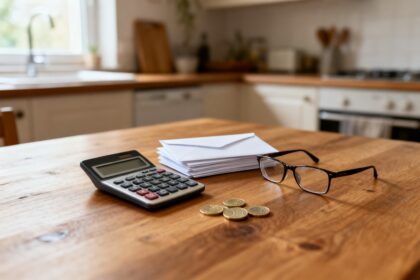 Enveloppes fermées, une calculatrice et des lunettes posées sur une table en bois près de quelques pièces d'euros