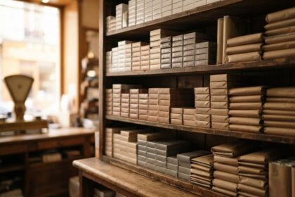 Paquets neutres empilés sur les étagères en bois d'un bureau de tabac, près d'une vitrine à la lumière douce