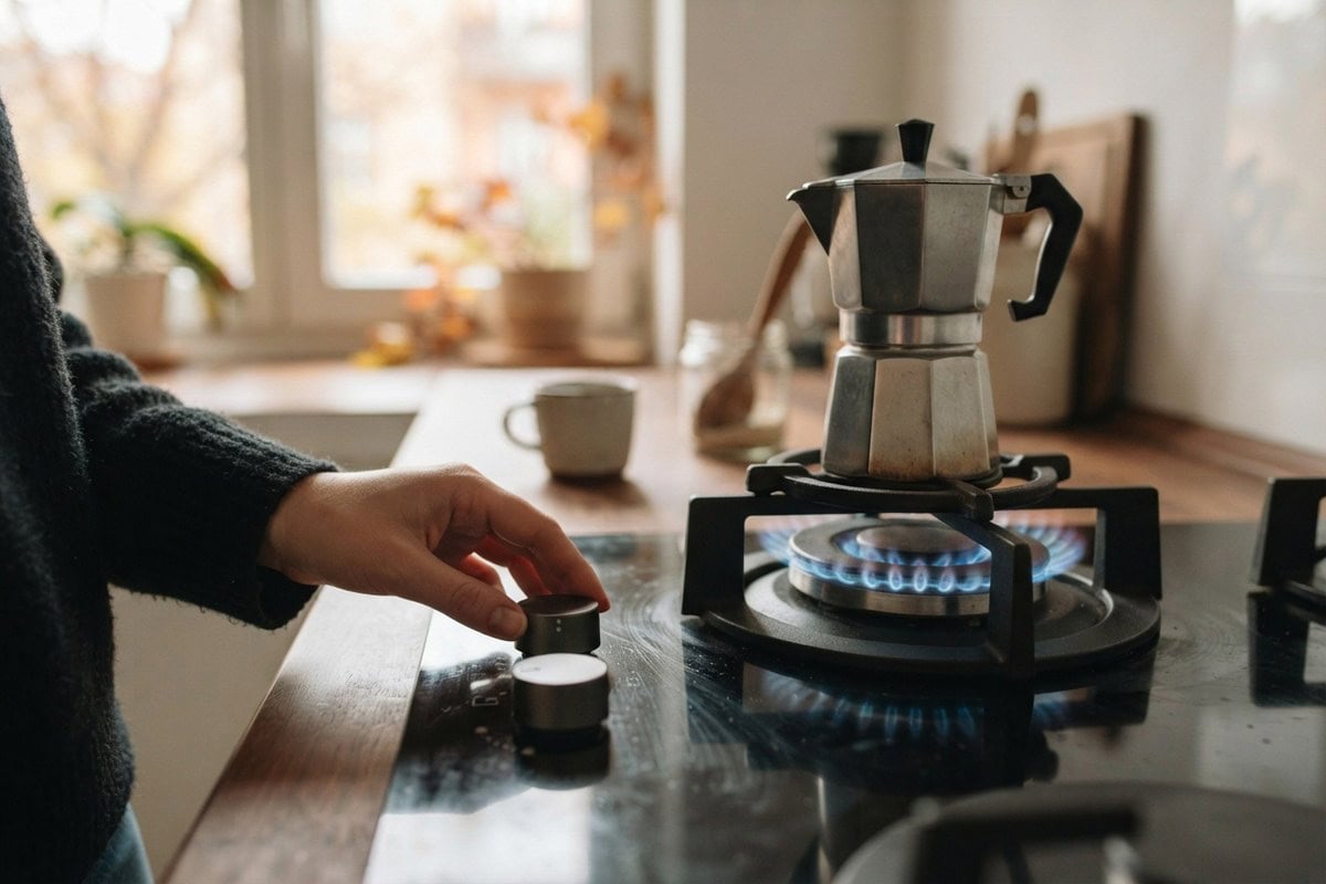 Une main tourne le bouton d'une gazinière au brûleur allumé, flamme bleue, une cafetière italienne posée dessus