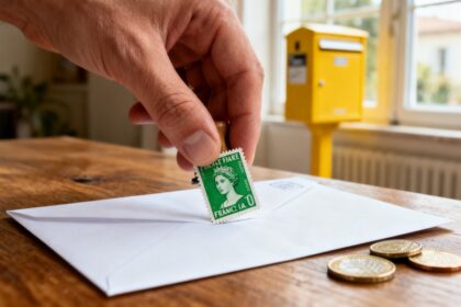 Une main pose un timbre vert sur une enveloppe blanche, près de pièces en euros et d'une boîte aux lettres jaune.