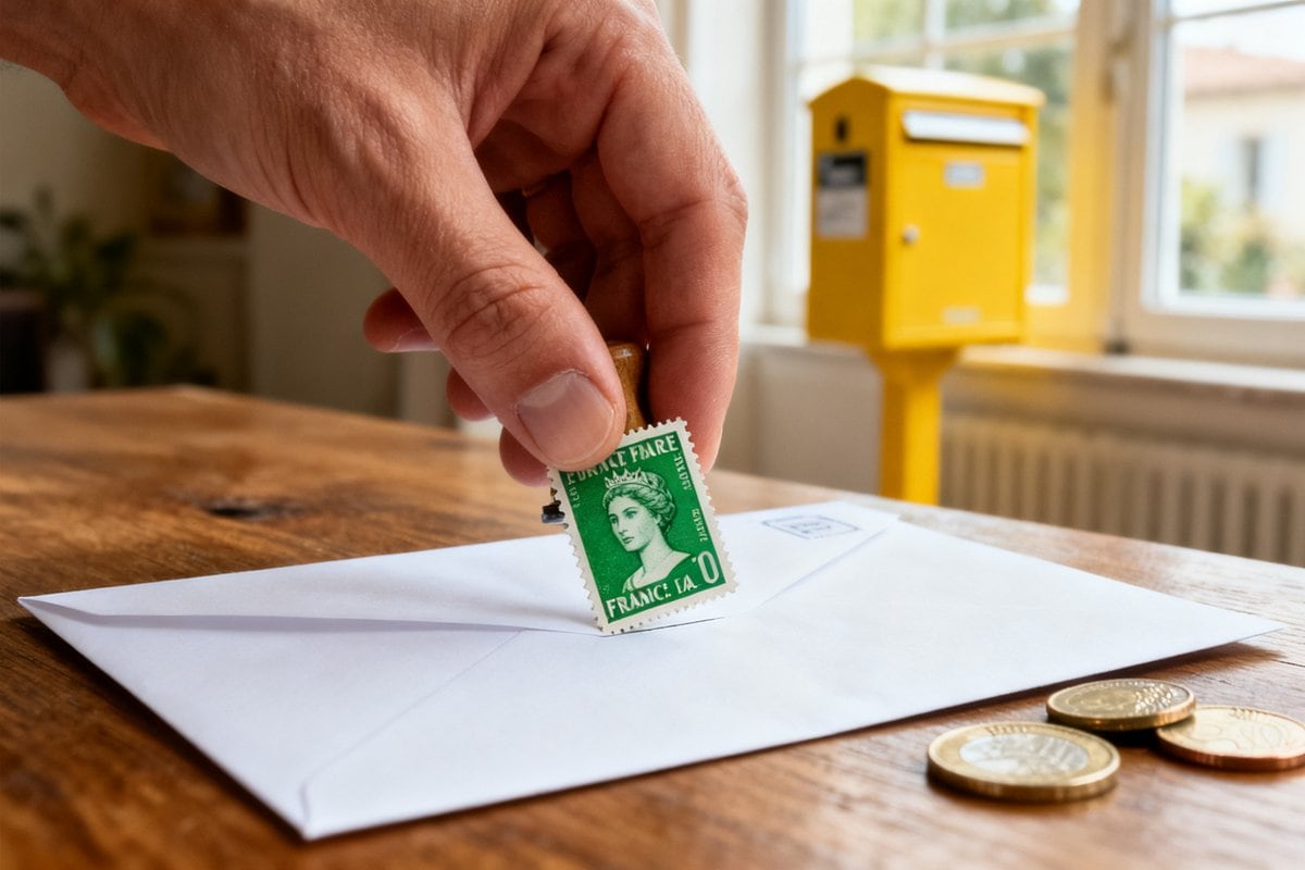 Une main pose un timbre vert sur une enveloppe blanche, près de pièces en euros et d'une boîte aux lettres jaune.