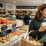 Femme tenant une boîte de six œufs bio au rayon fruits et légumes d'une épicerie bio, un panier en osier au bras