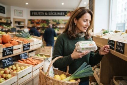 Femme tenant une boîte de six œufs bio au rayon fruits et légumes d'une épicerie bio, un panier en osier au bras