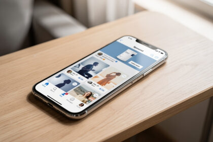 Smartphone affichant un fil de réseau social avec un encart publicitaire flou, posé sur un bureau en bois.