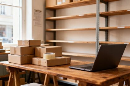 Colis en carton et rouleau d'adhésif sur une table en bois, ordinateur portable ouvert, étagères vides à l'arrière-plan