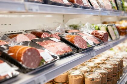 Rayon réfrigéré de supermarché garni de barquettes de charcuterie sous film et de verrines de pâté au premier plan