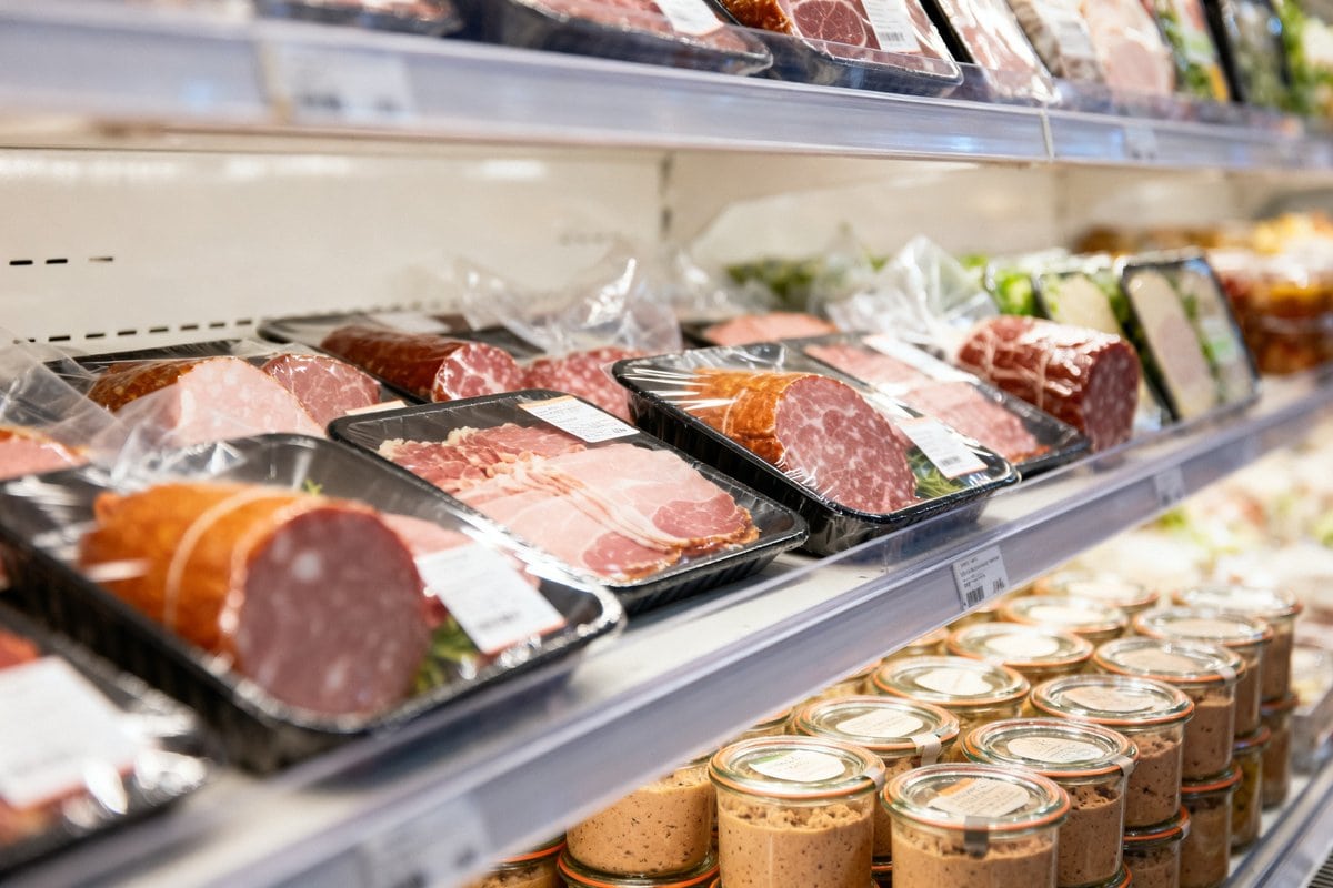 Rayon réfrigéré de supermarché garni de barquettes de charcuterie sous film et de verrines de pâté au premier plan