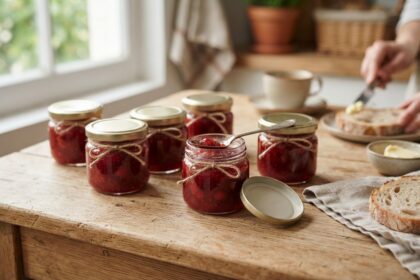 Petits pots en verre de confiture de fraises sur une table en bois, l'un ouvert avec une cuillère, au petit-déjeuner