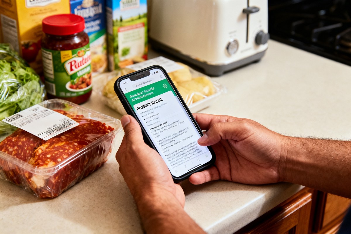 Des mains consultent un smartphone près de produits alimentaires posés sur un plan de travail de cuisine.