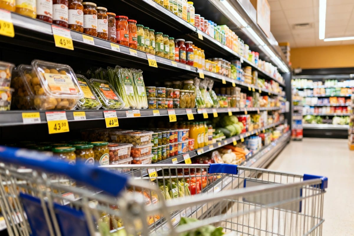 Rayon de supermarché garni de produits emballés et d'étiquettes de prix, avec un chariot de courses au premier plan.