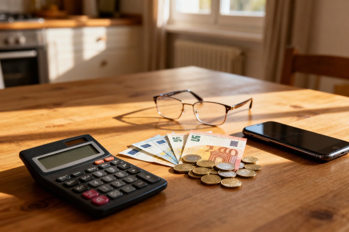 Billets et pièces en euros posés près d'une calculatrice et d'un smartphone sur une table en bois, lumière du matin