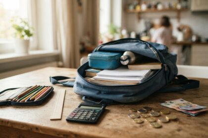 Sac à dos scolaire ouvert sur une table en bois, entouré de fournitures, d'une calculatrice et de pièces en euros
