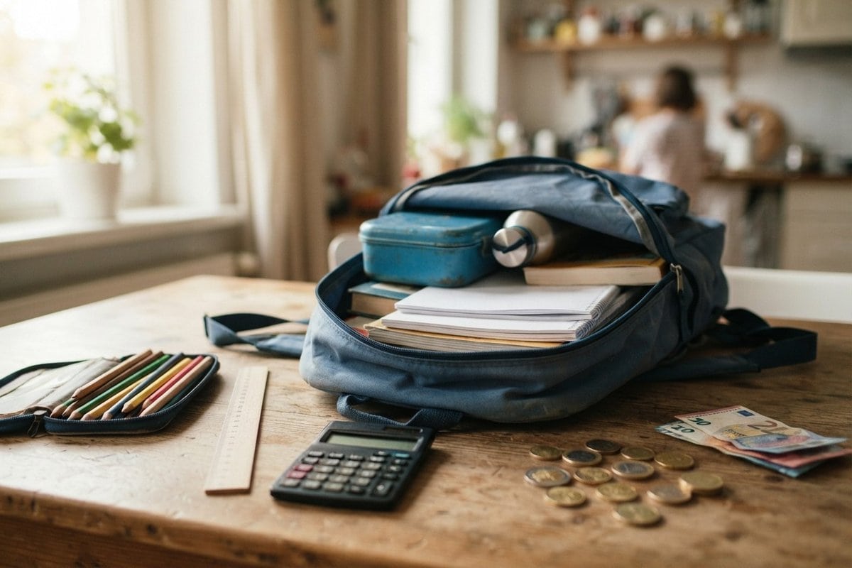 Sac à dos scolaire ouvert sur une table en bois, entouré de fournitures, d'une calculatrice et de pièces en euros